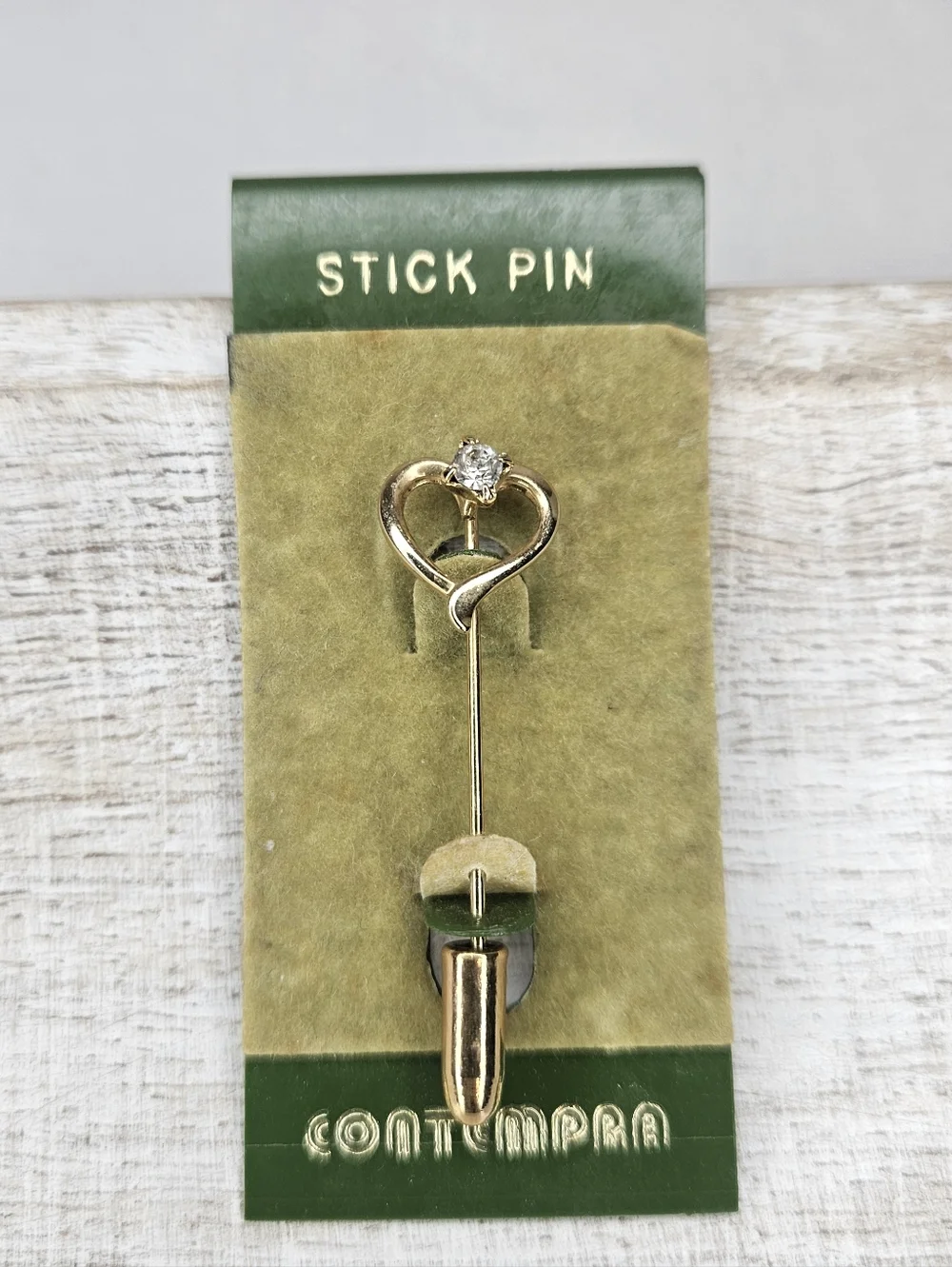Vintage Gold Tone Heart And Clear Rhinestone Stick Pin 1980s Contempra